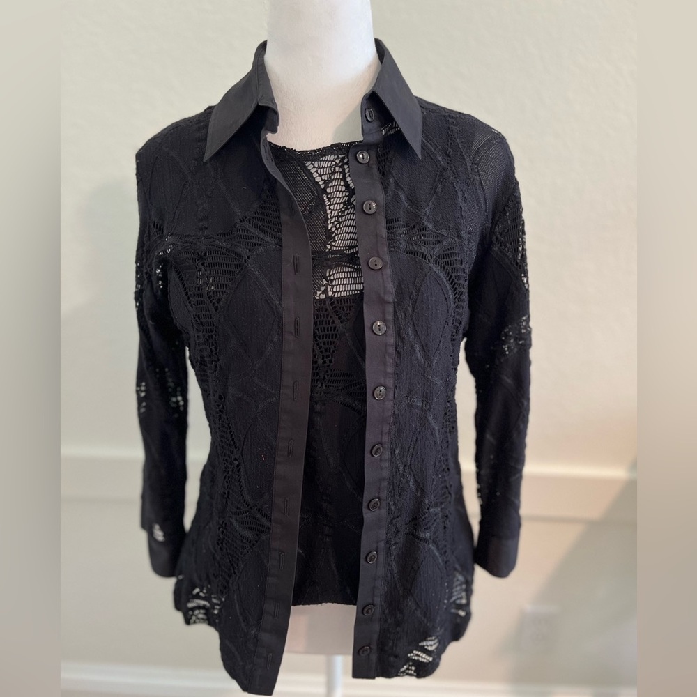 Stunning Anne Fontaine black twin blouse set with lacy fretwork 44 M